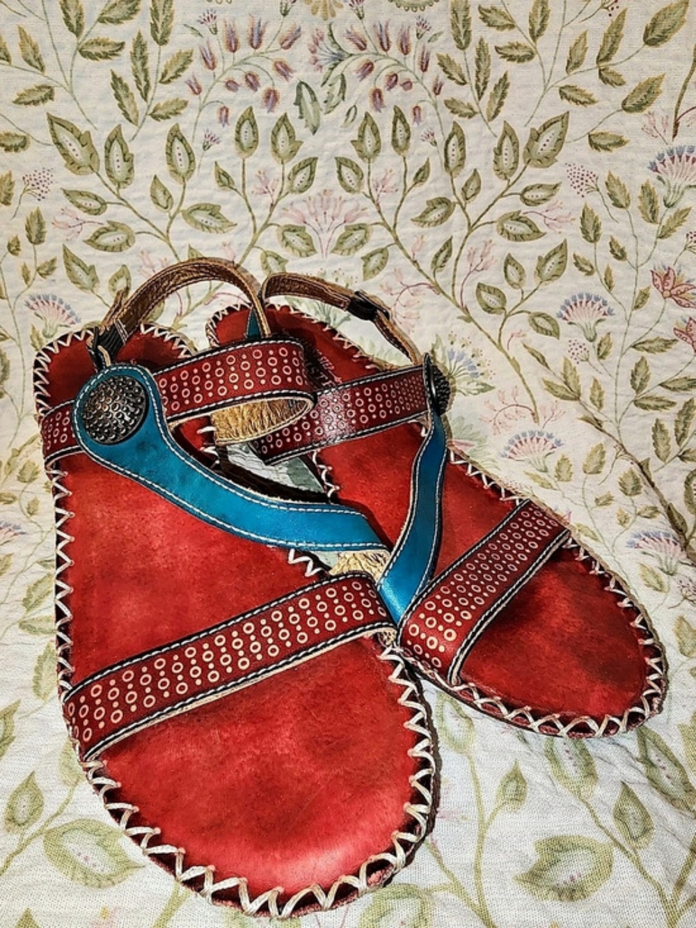 Spring Step L'Artiste Women's Leather Studded Wedge Sandals in Red & Blue EU38